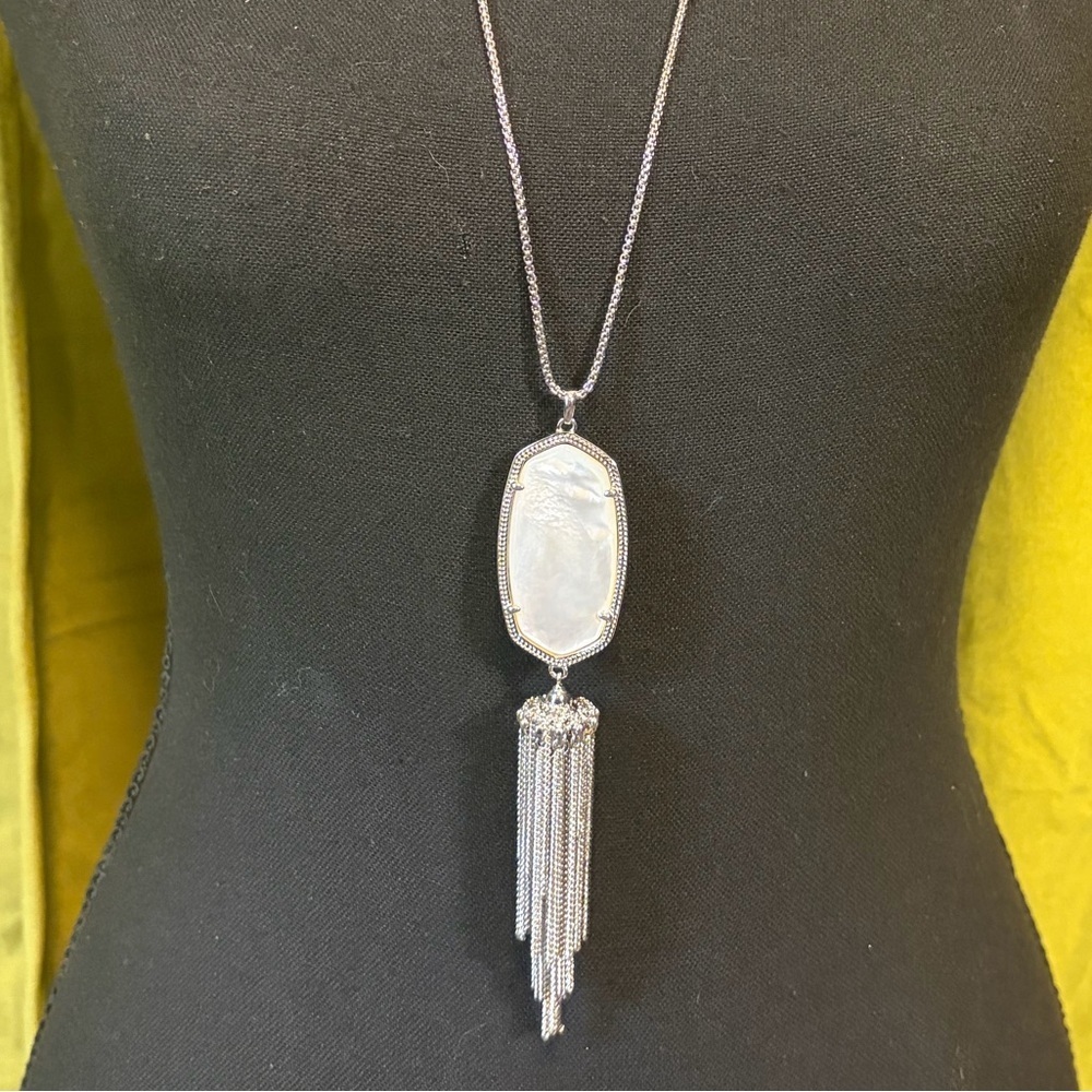 Kendra Scott Rayne Long White Stone Pendant Necklace Silver Metal. Retail $119